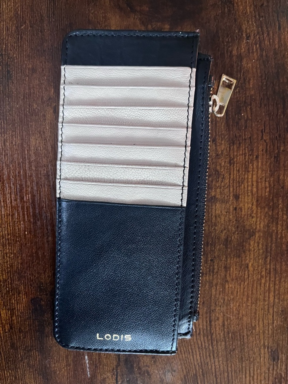 Lodis Black and Cream Leather Card Wallet with Gold Zip Accent